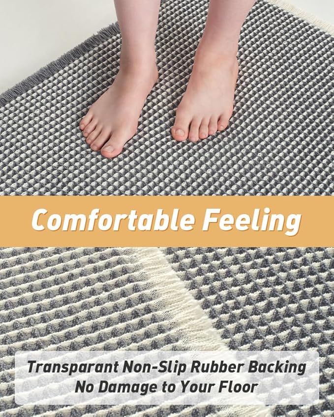 AMOAMI Upgraded Waffle Runner Rug Super Absorbent Non Slip Bath Mats for Bathroom Machine Washable Bathroom Runner Rug with Tassels, Ideal for Hallway Bedroom Laundry Room, 2' x 5', Darkgrey & Cream