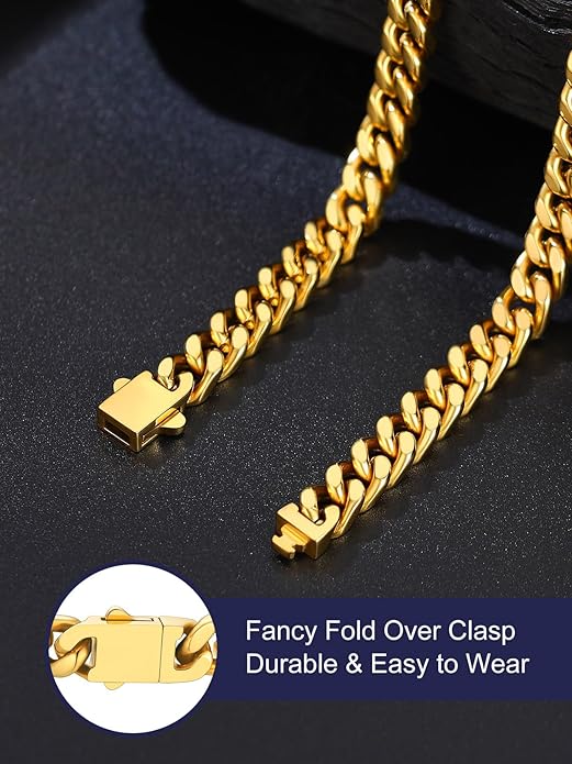 Bandmax Mens Stainless Steel Chain Necklaces 5/7/9/12MM Chunky Miami Cuban Link Chain Necklace Bracelet Silver/Gold Plated/Black Chains for Men 18"-30"