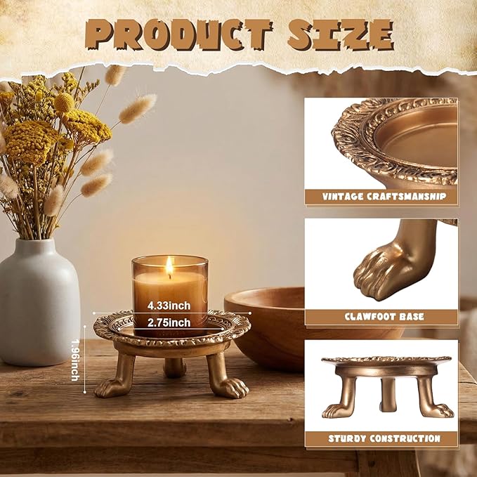 3 Pack Brass Color Candle Holder Pedestal Dish Stand Gold Vintage Tray Clawfoot Plate Decor for Jewelry Wax Ring Trinket