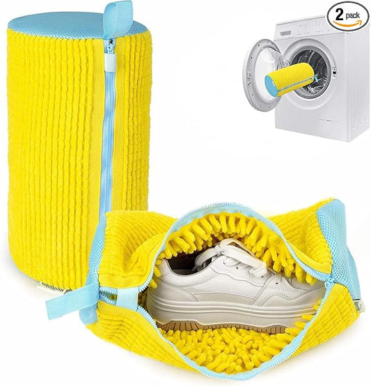 2-Pack Shoe Laundry Bags for Washer & Dryer – Reusable Sneaker laundry Bag with 360° Microfiber Cushion – Anti-Deform, Tear-Resistant, Foldable shoe washing machine bag, 39x19cm – Yellow
