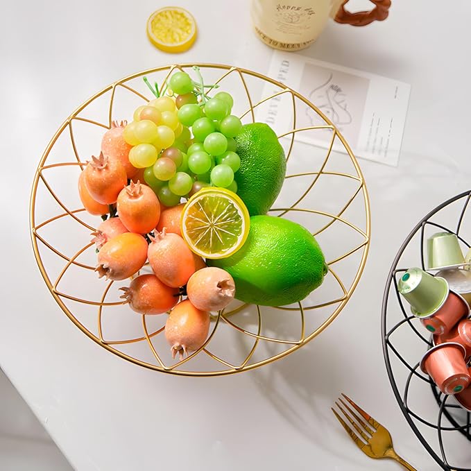 Large Metal Wire Fruit Bowl, Round Mesh Fruit Basket for Kitchen Countertop, Modern Decorative Bread Vegetable Storage Holder Organizer(Gold)