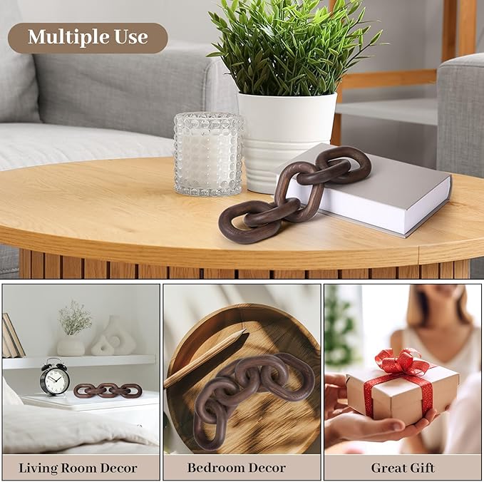 Queekay Decorative Wood Chain Link Decor Rustic Wooden 5 Link Wooden Decor Ornament Farmhouse Home Decoration Hand Carved Wood Chain Ornaments for Coffee Table(Dark Walnut)