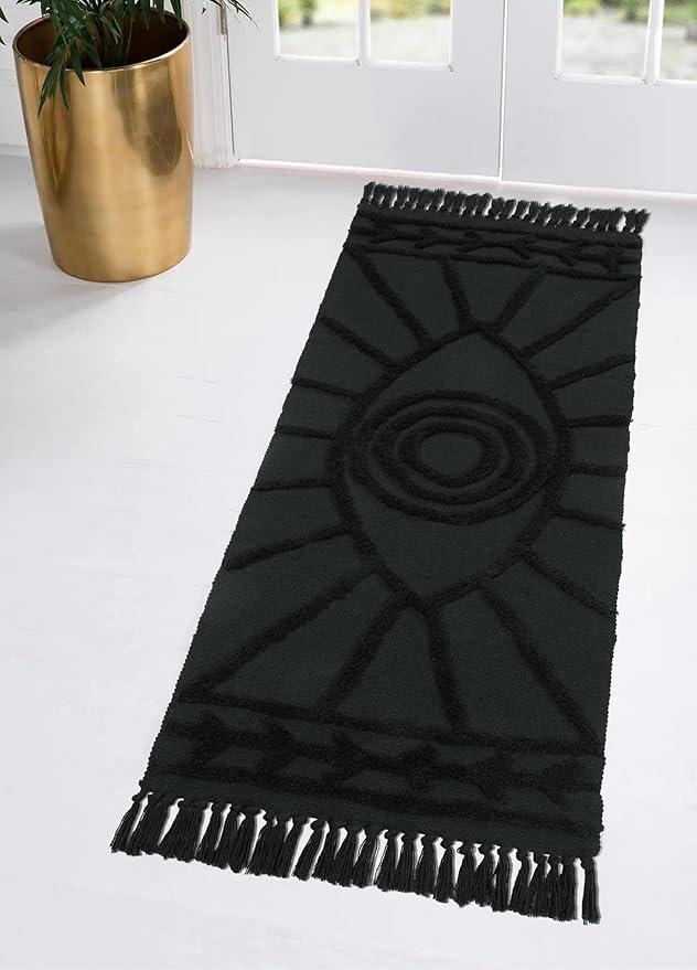 Uphome Kitchen Rug 2'x4.3' Washable Evil Eye Tufted Bathroom Runnner Rug with Tassels Soft Cotton Woven Boho Rug Farmhouse Aesthetic Dark Gray Accent Mat for Bedroom Entryway Laundry Room Porch
