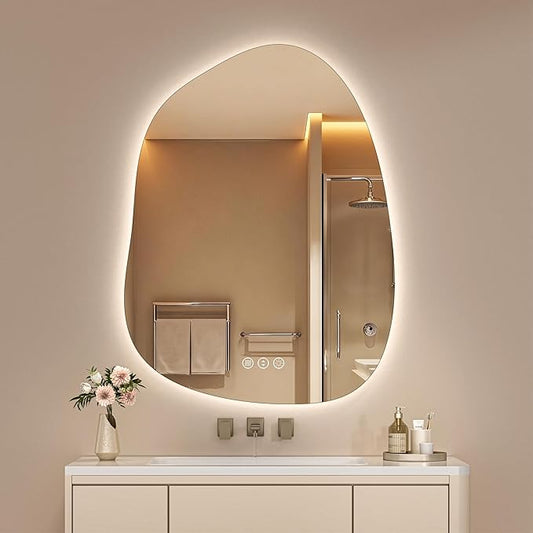 Hasipu Irregular Wall Mirror with Lights- 40"x30" Large Vanity Mirror with Anti-Fog, 3 Color Modes,Dimmable Light, Memory Function, Backlit Wall Mount, Horizontal/Vertical
