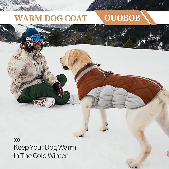 OUOBOB Small Dog Coat,Dog Jackets for Small Dogs,Warm Winter Jacket, Puppy Coat with Harness Built in,Waterproof Dogs Jacket,Puppy Cold Weather Coats,Winter Clothes Snowsuit Shih Tzu Bichon,Brown