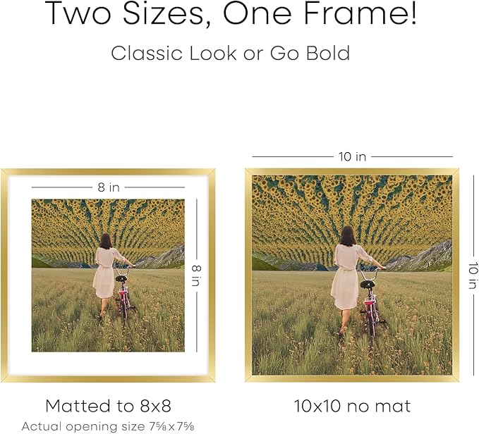Homeforia Square 10x10 Gold Frame, High End Metal 10 by 10 Picture Frames with Mat 8 x 8, 10by10 Thin Poster Frame Matted to 8x8 inch Photo, Wall or Tabletop Frames, Tempered Glass, Wall Kit, Set of 3