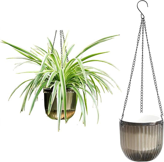 Meicynhoger 2-Pack Vintage Plastic Self-Watering Hanging Planters for Spider Plant,Ivy,Monstera,African Violets - 6.5" Clear Flower Pot with Hooks for Indoor Outdoor,Table, Balcony, Wall,Garden Gray