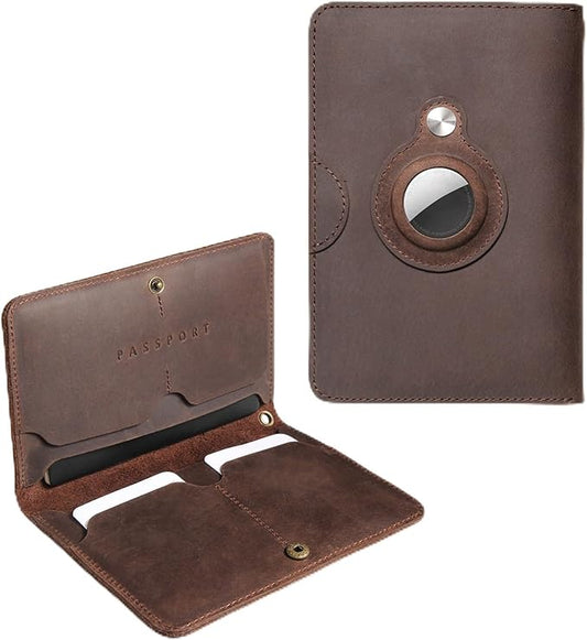 Rfid Blocking Leather Passport Holder for Travel with AirTag Slot, Slim Passport Cover Travel Wallet for Women Men, Travel Must Haves Gifts (Dark Brown)