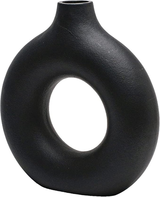 CEMABT Black Donut Vase Hollow Ceramic Vase for Flowers Handmade Minimalist Boho ins Style Modern Home Decor for Wedding Dinner Table Party Living Room Office Bedroom