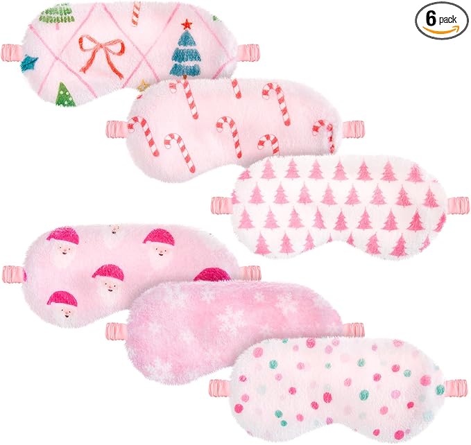 Cuffbow 6 Pcs Plush Sleep Eye Mask Silk Furry Eye Covers for Sleeping Cute Sleep Mask Fluffy Comfortable Sleeping Blindfold for Travel Sleepover Nap Party Supply Women(Christmas,Pink)