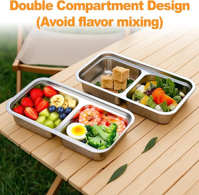 vovoyager Stainless Steel Snack Containers with Lids, Reusable Bento Lunch Container Box, Food Storage, Leak Proof, Dishwasher-Safe, Grab and Go for Work, 6 Pack (Double Compartment)