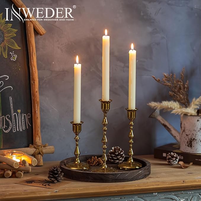Brass Candlestick Holders Vintage: Gold Taper Candle Holder Metal Candle Sticks Holder Antique Decoration for Dinning Table Mantel Wedding Centerpieces Christmas Party Set of 3