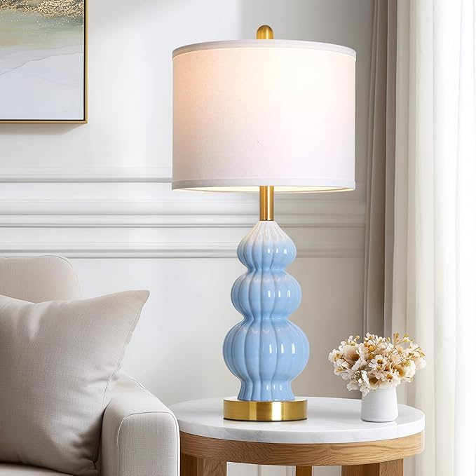 Blue Ceramic Lamps Set of 2, 26.5" Modern Table Lamps for Living Room, Classic Bedside Lamp with Triple Gourd, Elegant Bedroom Lamp for Night Stand Desk Side End Table Home Decor