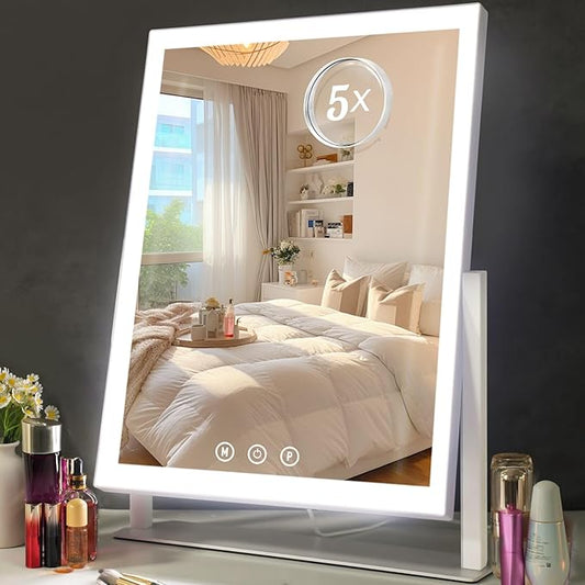 Light up Makeup Mirror for Vanity, Desk Mirror with Light with 5X Magnification Mirror, Light up Vanity Mirror, Led Mirror for Desks, Makeup Vanity Mirror, 3 Color, Touch Control