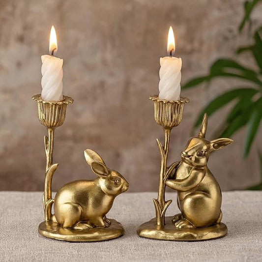 Havawish 2 Pcs Easter Bunny Taper Candle Holder Vintage Gold Bunny Decorations Rustic Candlesticks Pedestal Rabbit Centerpieces Decor for Easter Home Mantle Table