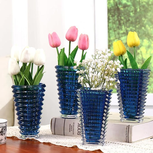 MCMCNCUIU Crystal Flower Vase Set of 4, Glass Vases for Centerpieces, Blue Vases for Flowers, Small Vase for Living Room, Bedroom, Kitchen, Office, Wedding