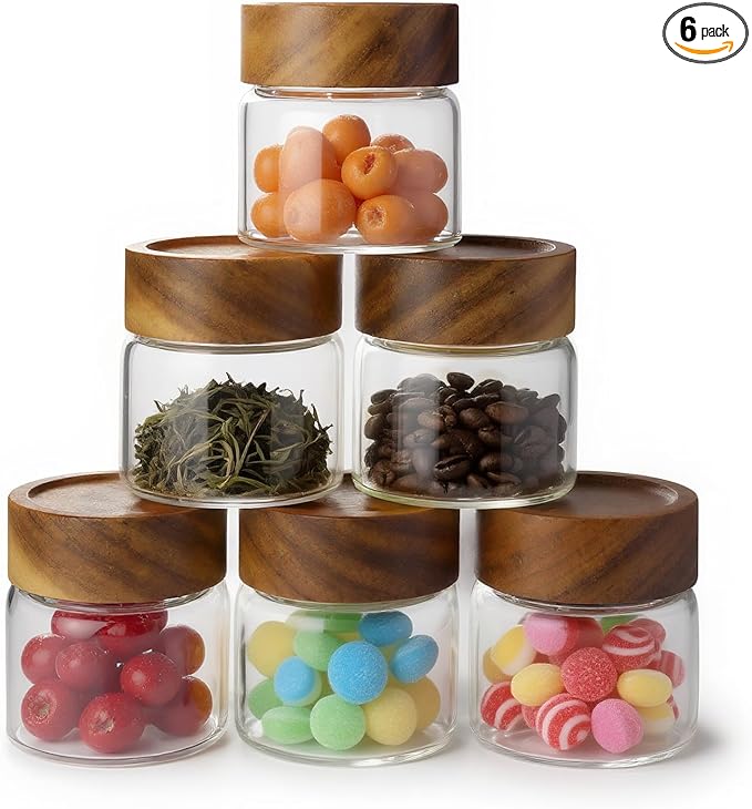 Zoaiirte 6-Pack 6 oz Airtight Food Sealed Jars with Acacia Wood Lids - Glass Meal Prep Containers for Overnight Oats, Snack Storage, Chia Pudding, Pantry Organization Essentials