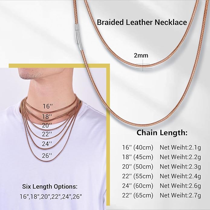 Leather Necklace Cord with Stainless Steel Clasp, Black/Brown Color Waterproof Wax Rope Chain 2mm 3mm Wide Braided Cord String Necklaces for Men Women 16"-30"
