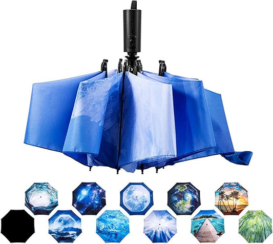LANBRELLA Compact Reverse Folding Umbrella Auto Windproof Travel Umbrella