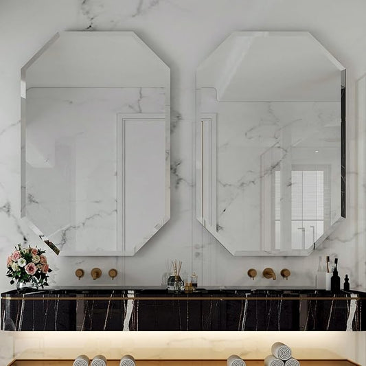 Chende 2PCS Large Bathroom Wall Mirror, 24" x 36" Modern Frameless Beveled Mirror with Beveled Edge, Octagonal, Unique Design, Vertical/Horizontal Hanging