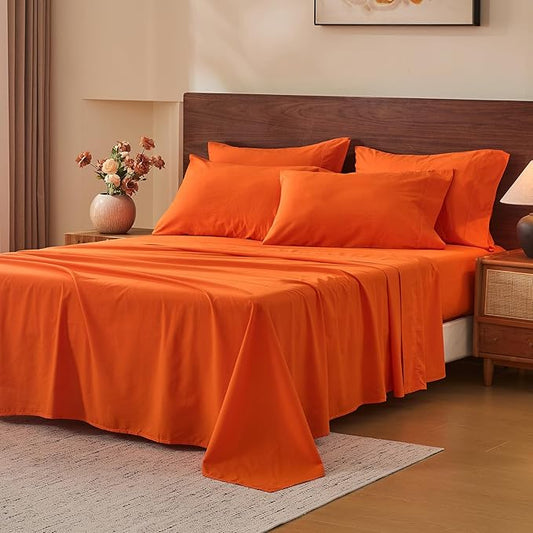 MEISHANG 100% French Pure Linen Sheets Queen Size - 6 PC Extra Deep Pocket Sheet Set, Soft Durable Flax Linen, Anti-Tear Breathable & Oeko-Tex Certified 18-24 Deep Pocket,All Season(Orange)