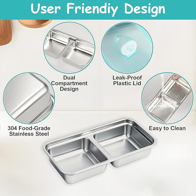 BSTUR Stainless Steel Snack Containers, 6-Pack Reusable Grab and Go Containers with Leakproof Lids, Dual Compartment Bento Box for Travel, Camping & Lunch Prep