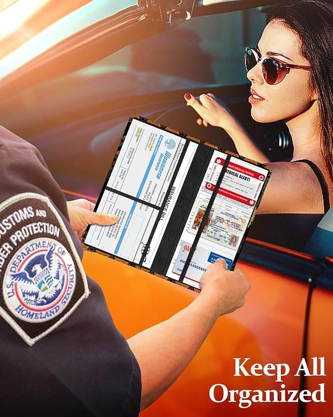 Slohif Car Registration and Insurance Holder - Boho Vehicle Glove Box Organizer Women with Magnetic Shut Leather Automobile License Holders Coasters Auto Accessories Case for Document