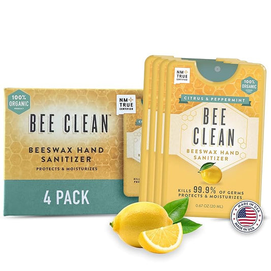 Organic Beeswax Hand Sanitizer Spray - 4-Pack (Citrus Peppermint), Travel Size Mist Spray with Organic Ethyl Alcohol, Moisturizing and Refreshing with Essential Oils, Non-Toxic, Made in USA