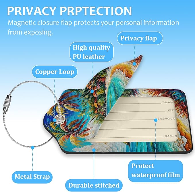 2 Pack Luggage Tag for Suitcase,Summer Beach Palm Tree Luggage Tag with PU Leather Privacy Cover ID Label & Stainless Steel Loop for Women Men Travel Bag Suitcase