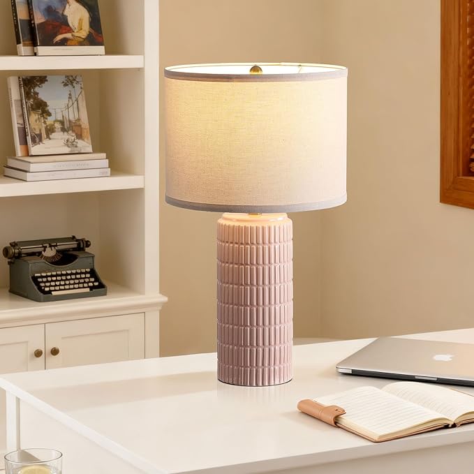Modern Ceramic Table Lamp Set of 2, Bedside Lamp for Bedroom Decor, Nightstand Lamp with 3 Color Temperatures, Desk Light for Living Room Dorm Office, Pink