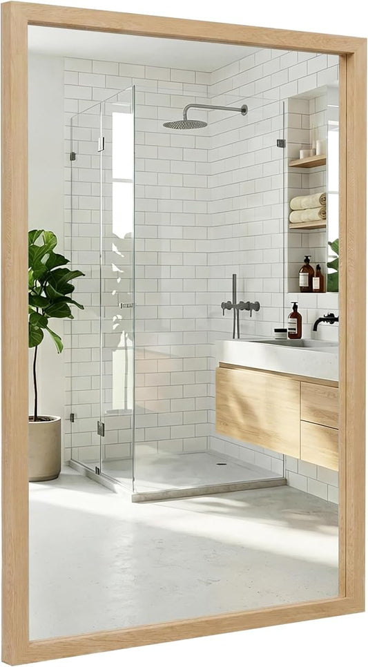 24" x 36" Natural Wood Tone Wall Mirror for Entryway & Bath, Waterproof Boho Decor Mirror, Scandi Oak Texture Vanity Mirror for Over Sink, Standard Trim