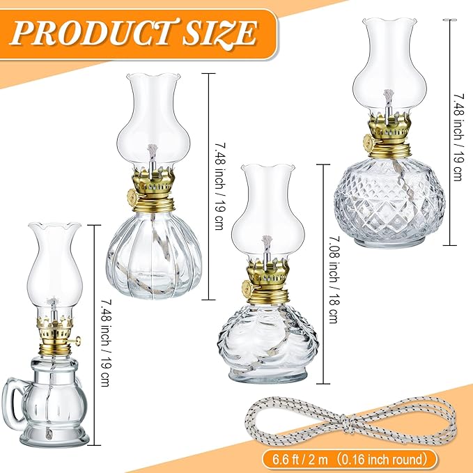 Yexiya 6 Pcs Chamber Oil Lamps Oil Lamp Vintage Glass Kerosene Lamp Bulk with Adjustable Fire Wick Rustic Clear Hurricane with 6.6 ft Extra Wick for Indoor Use Home Decor 8 Inch (Cute Style)