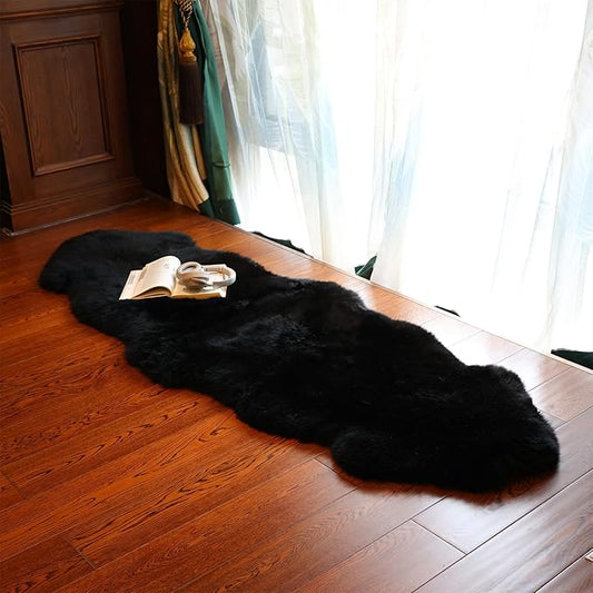 Genuine Sheepskin Rug New Zealand Fluffy Lambskin Rug, Natural Luxury Sheepskin Throw for Bedroom Living Room Children's Room - Premium Area Rug Chair Cover (2×6 Feet, Black)