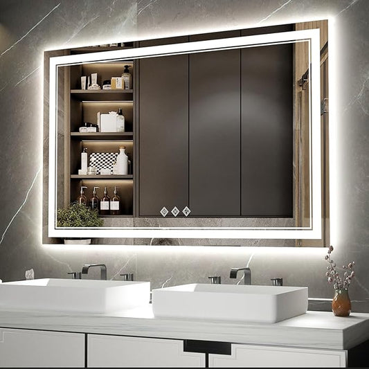 LED Bathroom Mirror, 48x32 Inch Gradient Front and Backlight Lighted Vanity Mirror, 3 Colors Dimmable CRI>90 Double Lights, IP54 Enhanced Anti-Fog, Hanging Plate Wall Mount LED Light Mirror