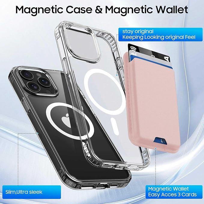 Ntwinro Magnetic for iPhone 14 Pro Max Clear Case (Compatible with MagSafe) with Pink Detachable Wallet & Card Holder for 3 Cards [RFID Blocking] Military Grade Protective Slim Phone Cover