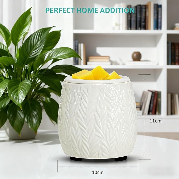 Wax Melt Warmer Ceramic Burner for Scented Cubes Electric Oil Burner Melter with Silicone Dish Fragrance Warmer for Home Office Bedroom White Leaf