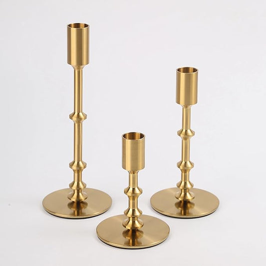 Gold Candle Holders,Modern Candle Stick Holders for Table Mantel Wedding Housewarming, Set of 3 Metal Brass Candlestick Holder