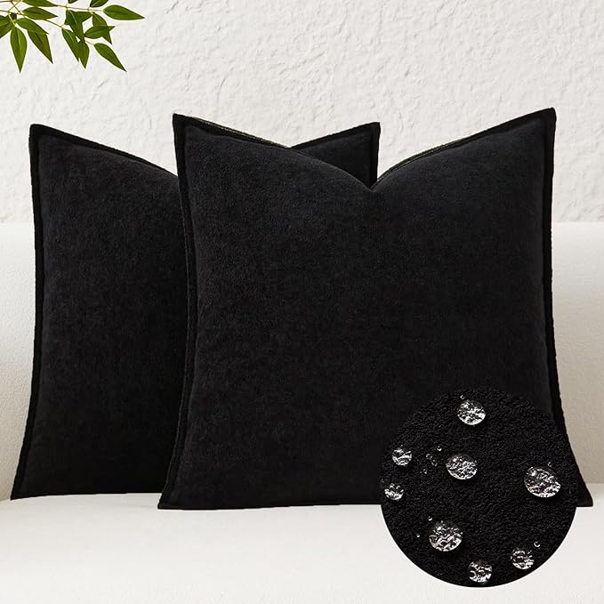 Kevin Textile Waterproof Decorative Pillow Covers Black 24x24 Inch Pack of 2 Soft Boucle Textured Euro Pillowcases Elegant Accent Pillows for Couch Sofa Chair Bed Home Decor Indoor Outdoor