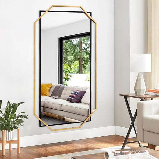 60"x30.5" Black and Gold Large Mirror for Bedroom Wall, Extra Bathroom Rectangular Mirror with Decorative Metal Octagonal Frame, for Entryway,Living Room, Dining Room