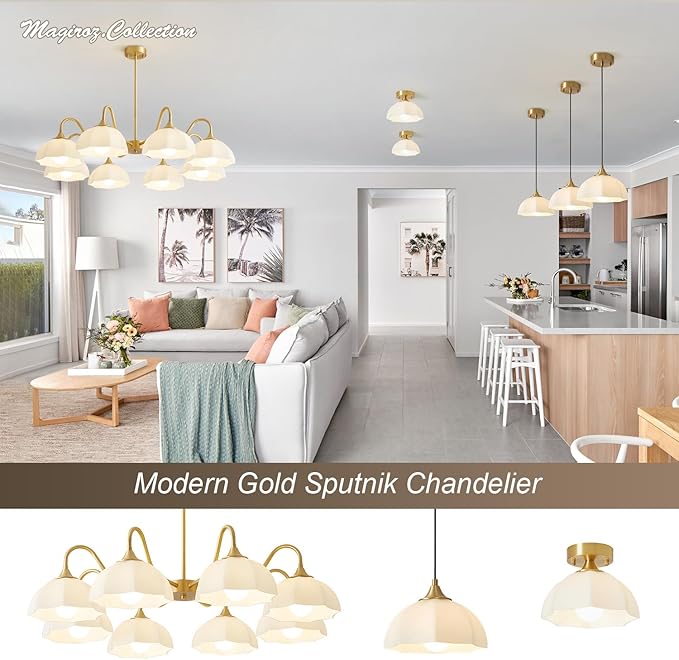 8 Lights Gold Sputnik Chandelier Light Fixture Large Mid Century Large Milk Glass Sputnik Pendant Lights Kitchen Island Modern Farmhouse Semi Flush Mount Chandelier Hanging Lamp MPL13-8 GD