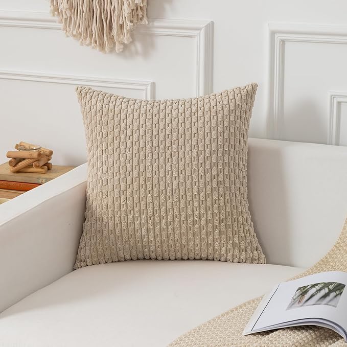 Kevin Textile Throw Pillow Covers Soft Corduroy Decorative Set of 2 Boho Striped Pillow Covers Pillowcases Farmhouse Home Decor for Couch Bed Sofa Living Room 22x22 Inch Beige