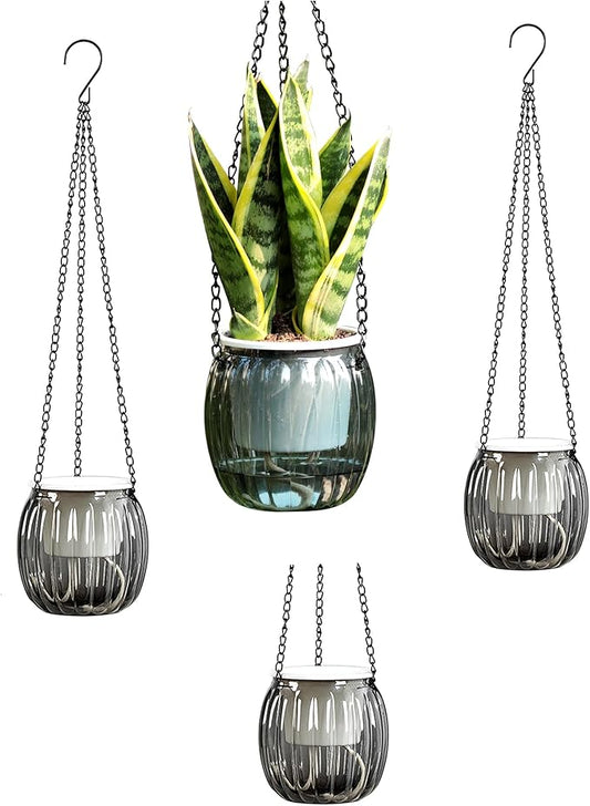 Meicynhoger 4-Pack Plastic Self-Watering Hanging Planters for Snake Plant,Succulents,African Violets - 4.3" Clear Flower Pot with Hooks for Indoor Outdoor,Table, Balcony,Deck,Garden Gray