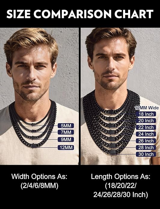Bandmax Mens Stainless Steel Chain Necklaces 5/7/9/12MM Chunky Miami Cuban Link Chain Necklace Bracelet Silver/Gold Plated/Black Chains for Men 18"-30"
