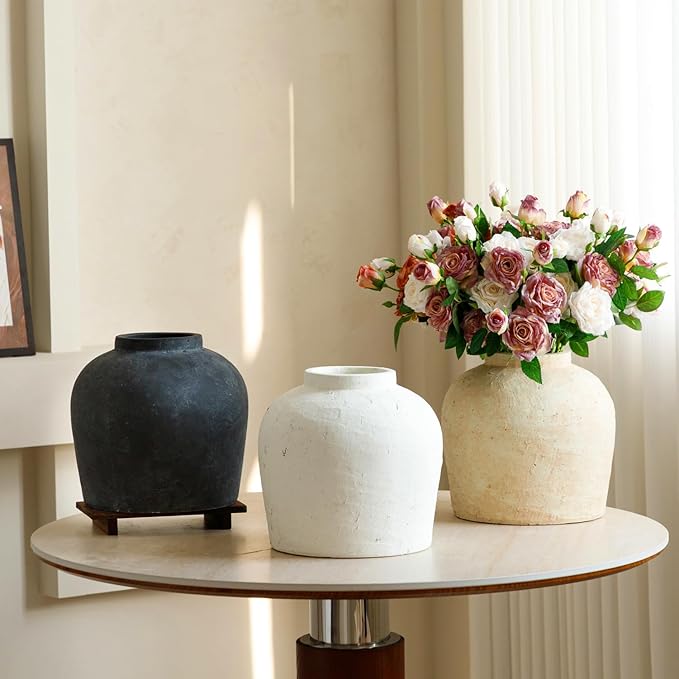 Large Ceramic Vase, 11" Rustic Farmhouse Terracotta Vase for Home Decor, Handicraft Decorative Flower Vase for Living Room, Table Centerpiece, Bedroom (Rustic Black)