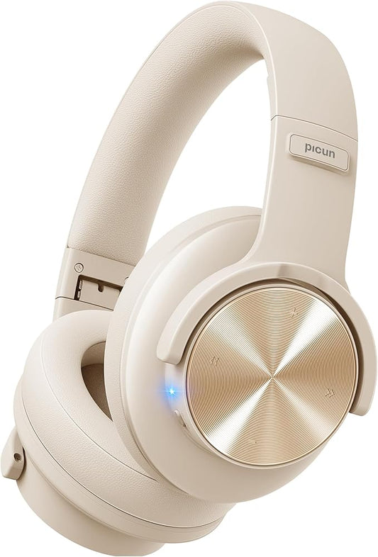Picun B8 Bluetooth Headphones, 120H Playtime Headphone Wireless Bluetooth with 3 EQ Modes, Low Latency, Hands-Free Calls, Over Ear Headphones for Travel Home Office Cellphone PC Khaki White