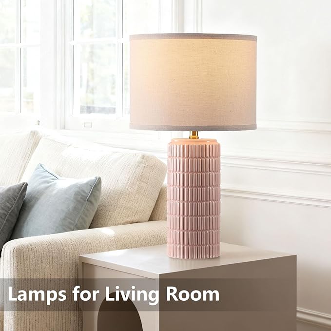 Modern Ceramic Table Lamp Set of 2, Bedside Lamp for Bedroom Decor, Nightstand Lamp with 3 Color Temperatures, Desk Light for Living Room Dorm Office, Pink