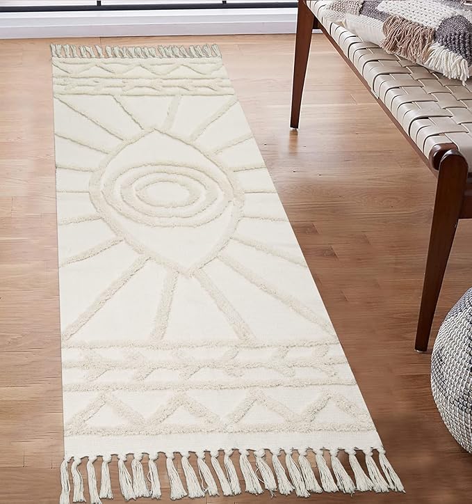 Uphome Boho Runner Rug 2'x6' Beige Evil Eye Tufted Hallway Rug Runner with Tassels Soft Cotton Woven Washable Kitchen Rugs Modern Minimalist Accent Rug for Bedroom Living Room Laundry Porch