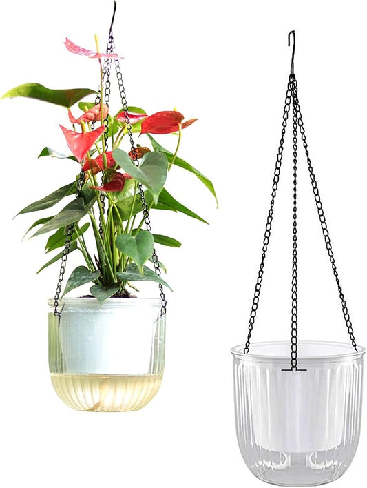 Meicynhoger 2-Pack Clear Self-Watering Hanging Planter for Spider Plant,Ivy,Orchids,Pothos - 6.5" Flower Pot with Hooks for Indoor Outdoor,Table, Balcony, Wall,Deck,Garden Transparent
