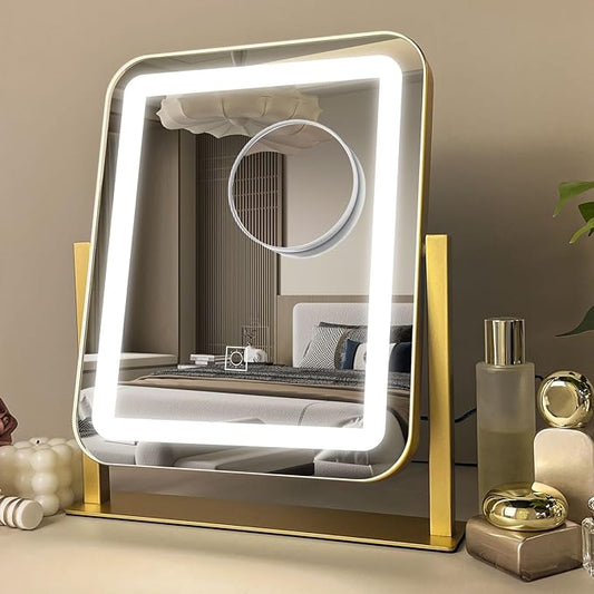 HNV 15"x13" Gold Vanity Mirror with Lights, Small LED Makeup Mirror for Desk, 3 Color Modes & Dimmable Touch Control, 360° Rotation Metal Frame, USB Plug-in Lighted Mirror for Bedroom, Dorm, Teen Gift