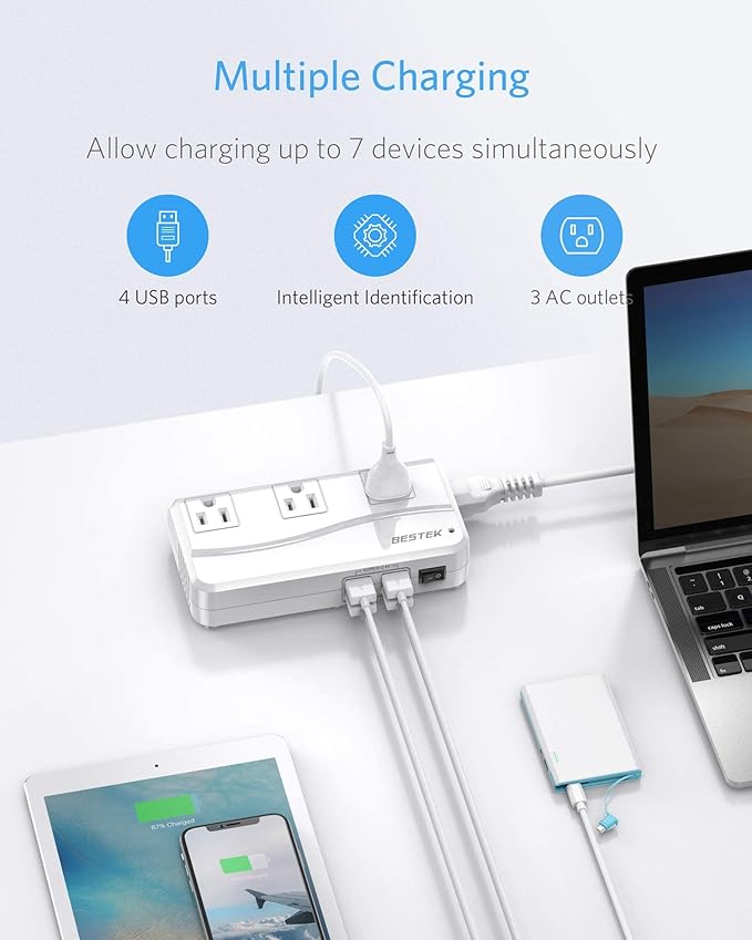 BESTEK Universal Travel Adapter 220V to 110V Voltage Converter with 6A 4-Port USB Charging and UK/AU/US/EU Worldwide Plug Adapter (White)